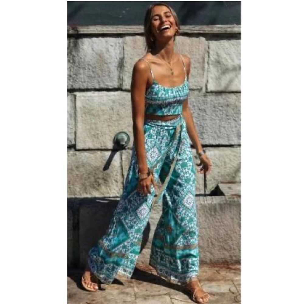 🦋 MINT BLUE BOHO WIDE LEG CROP TOP 2-PIECE!